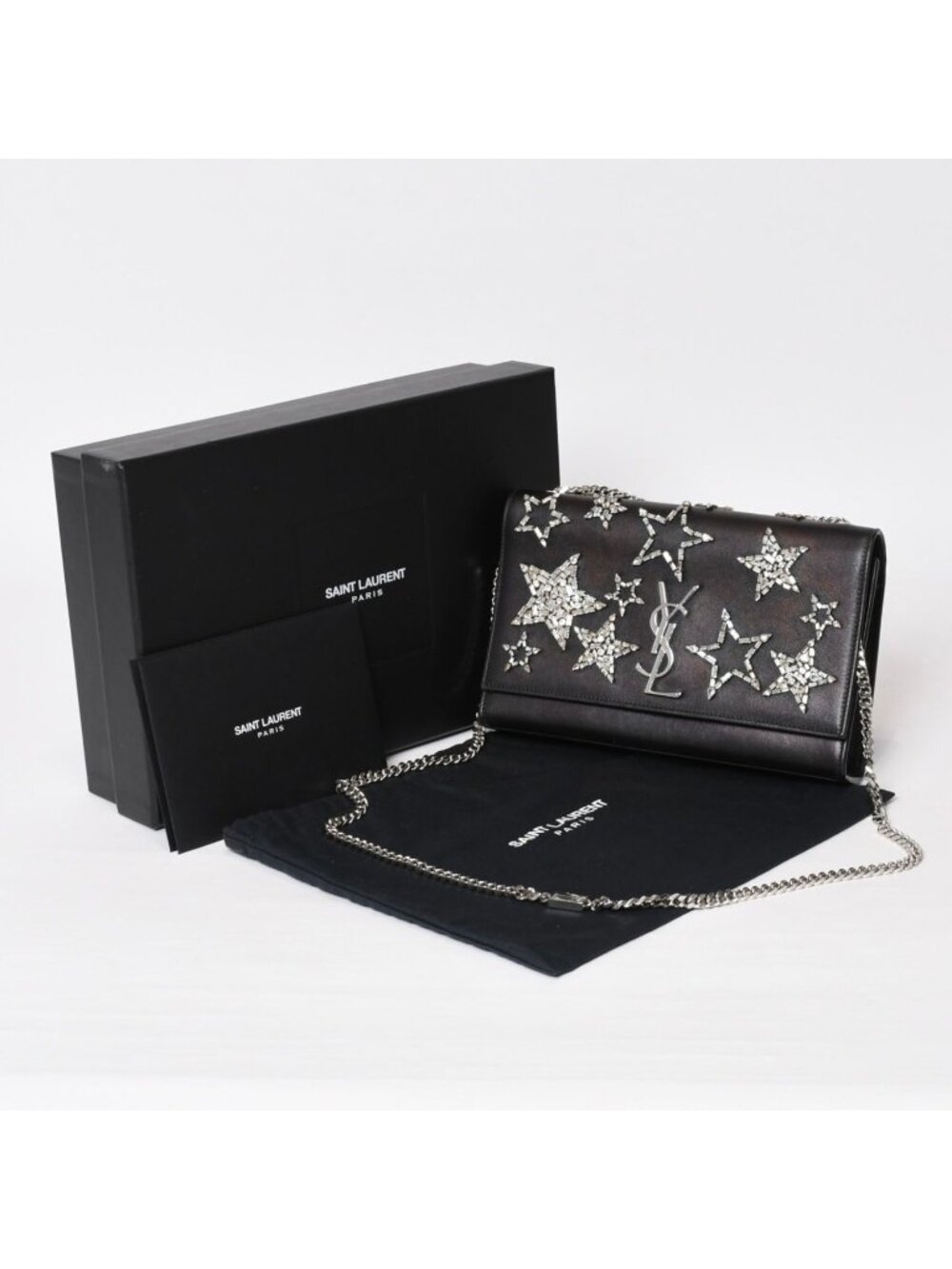 Saint Laurent Shoulder Bag YSL Logo Star Studs Leather Gold Black